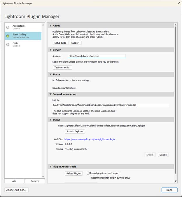 The Lightroom Plug-in Manager. The Add button is at the bottom left; the installed plug-in shows a green status light.