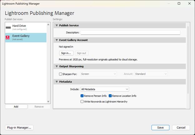 The Lightroom Publishing Manager. The Sign in button sits under the account heading, beside a greyed-out Sign out.