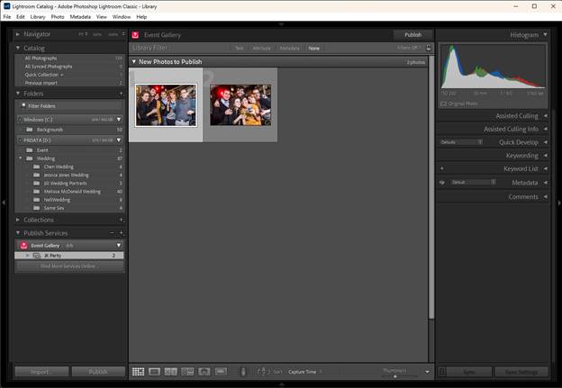 The Library module with a published collection selected and photos waiting under New Photos to Publish. The Publish button is at the top right.